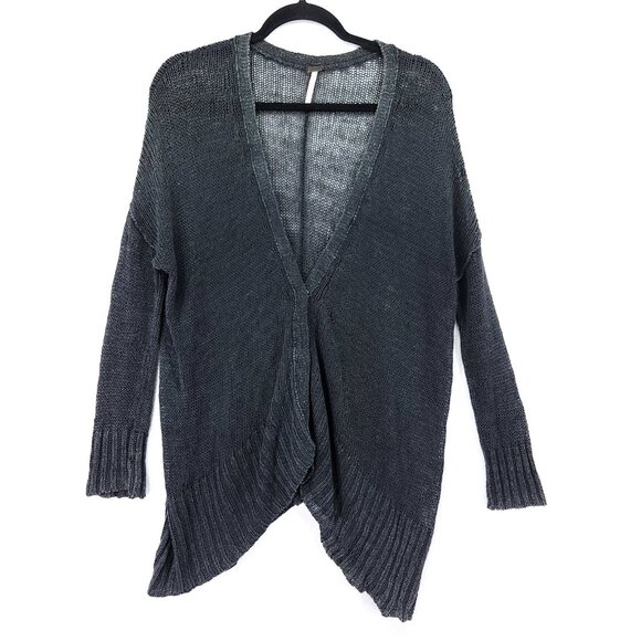 Free People Linen Cardigan Size XS Oversized Black Open Knit  Snap Buttons - Picture 1 of 15